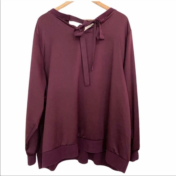Lane Bryant Maroon Satin Lace Detail Sweatshirt Style Ties at Back Neck Sz 26 - Picture 4 of 13